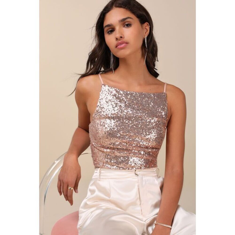 Lulus Irreplaceable Shine Rose Gold Sequin Lace-up Crop Top - Size S